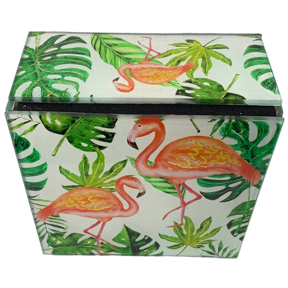Flamingo Keepsake Box Jewelry & Trinkets, Beveled Glass, Hinged Lid, Lined 4"SQ - Picture 3 of 6